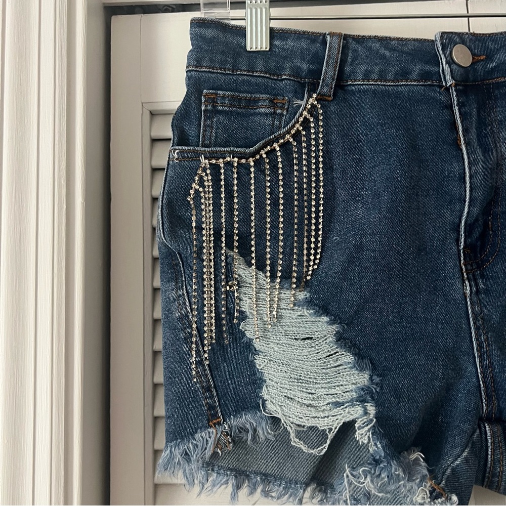 Kedera Rhinestone Fringe Denim Shorts Distressed High Waisted Jean Shorts - Picture 8 of 11
